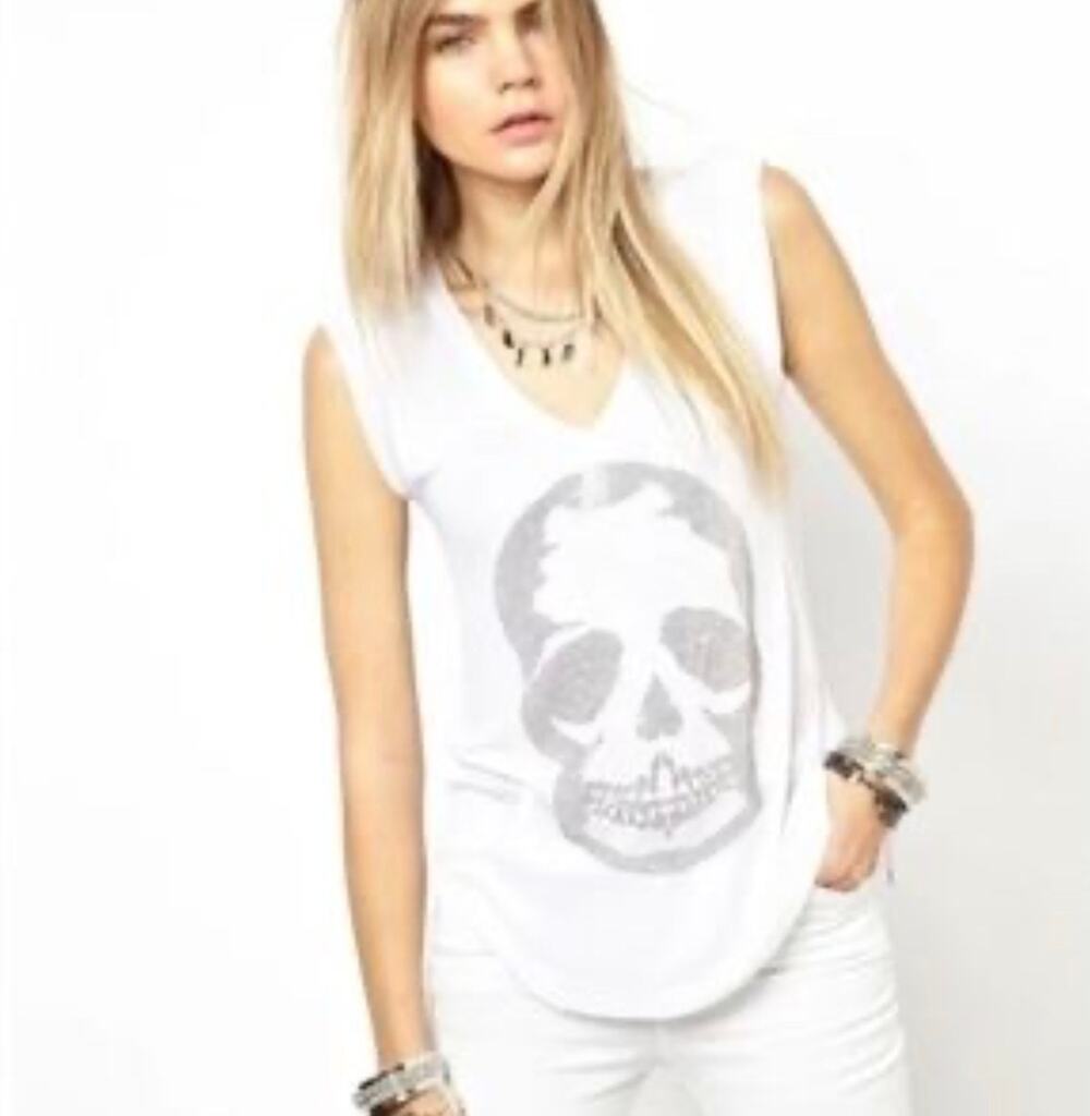 Zadig & Voltaire Brooklyn T-Shirt with Diamante Skull Women's White SZ Small